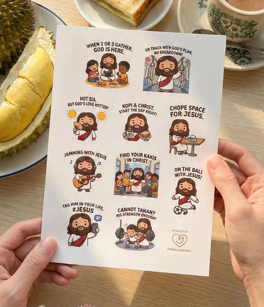 Singlish Cartoon Jesus A5 Sticker Sheet (Series 2) - The Blessed Smiles