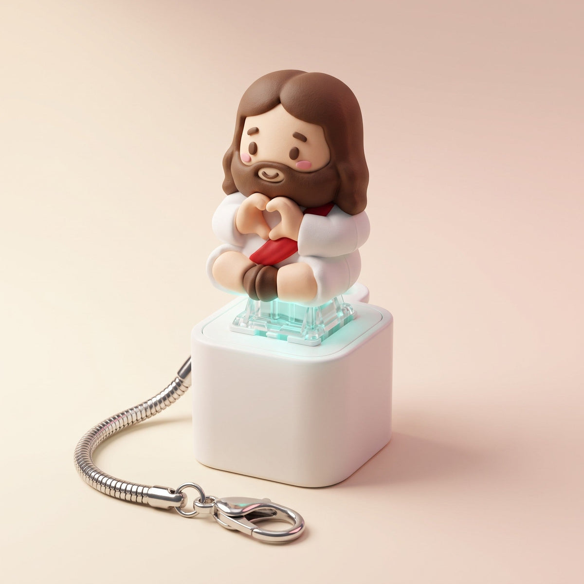 Clicky Jesus keychain – chibi Jesus figure on a glowing mechanical keyboard switch with white speaker base and silver chain, The Blessed Smiles