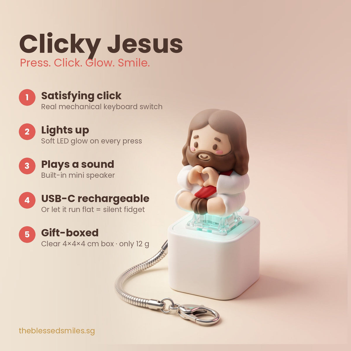Clicky Jesus features: mechanical click, LED light, sound, USB-C rechargeable, gift box