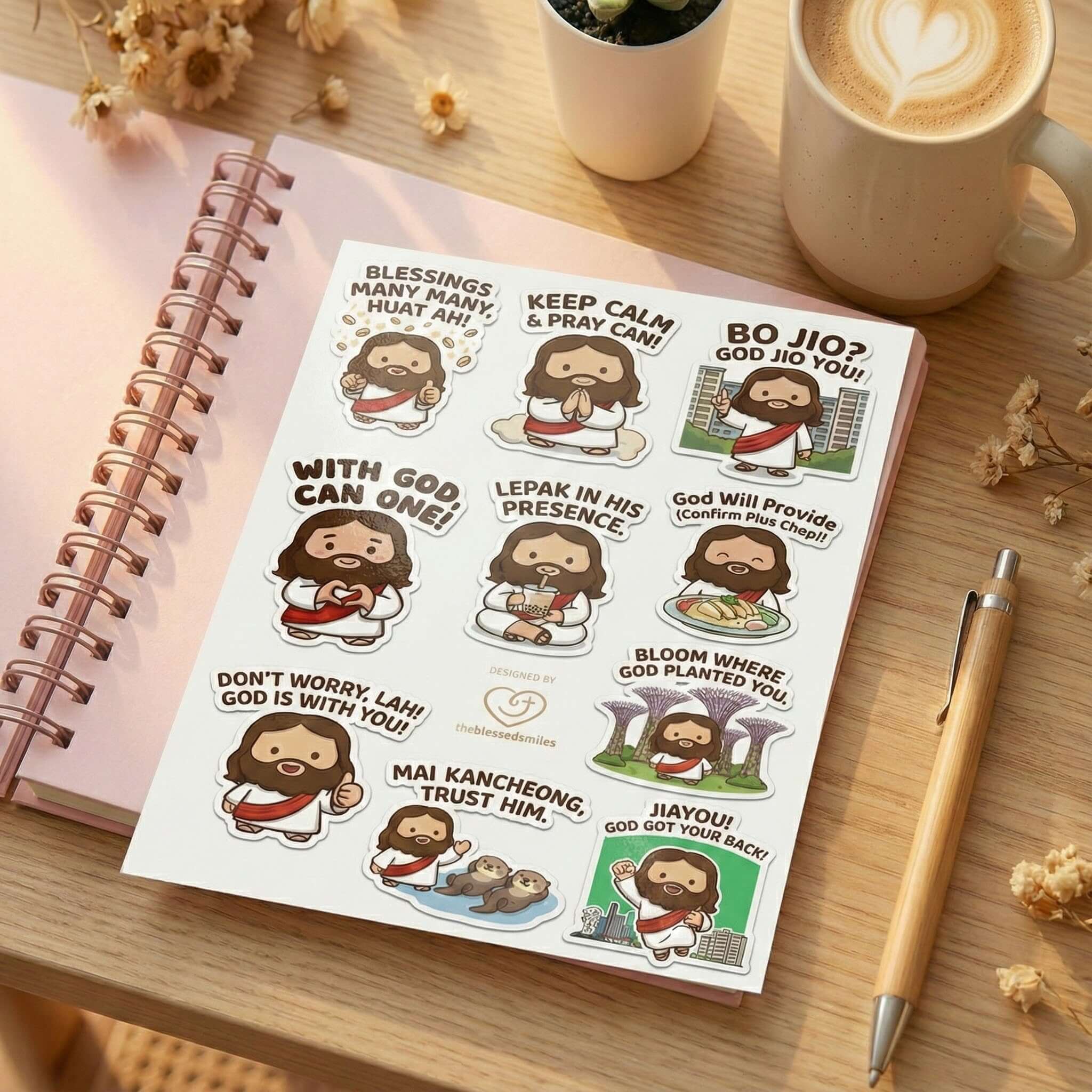 Cute cartoon Jesus sticker sheet with Singlish phrases and Singaporean style illustrations.