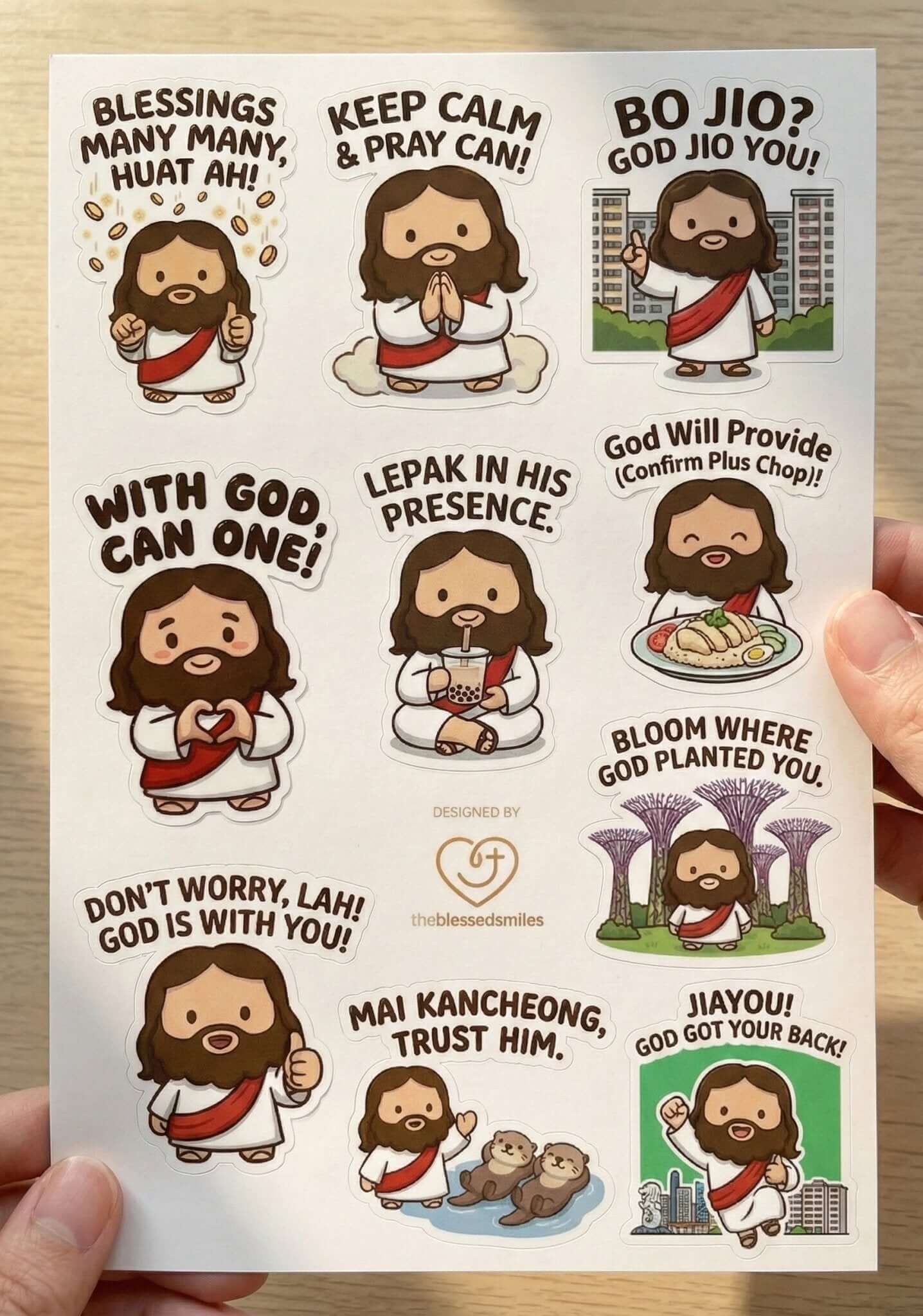 [Pre - order] Cartoon Singaporeanised Jesus - Singlish A5 Sticker Sheet - The Blessed Smiles