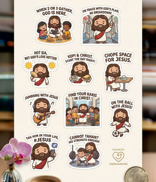 Singlish Cartoon Jesus A5 Sticker Sheet (Series 2) - The Blessed Smiles