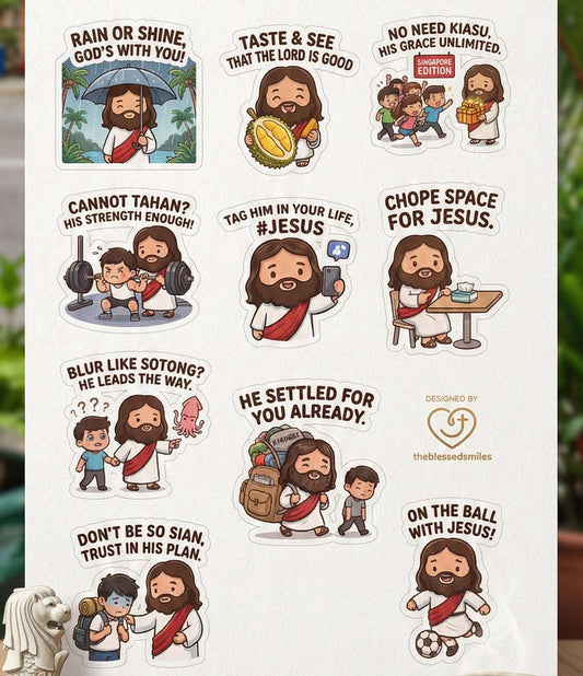 Singlish Cartoon Jesus A5 Sticker Sheet (Series 3) - The Blessed Smiles